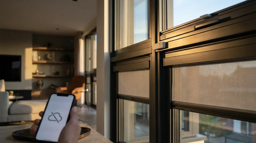 Ein modernes Wohnzimmer mit einer großen, smarten Fensterinstallation. Man sieht Sensoren am Rahmen, eine motorisierte Lüftungseinheit und halb geschlossene Jalousien. Ein Smartphone liegt auf dem Tisch, vermutlich zur Steuerung der Fensterfunktionen