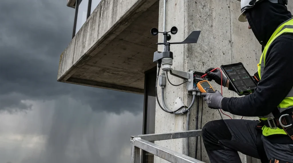 Ein Techniker überprüft mit einem Multimeter die Anschlüsse eines Anemometers, das an der Fassade eines Gebäudes montiert ist. Der Sensor befindet sich in einem windgeschützten Bereich, was die Messungen erschwert.