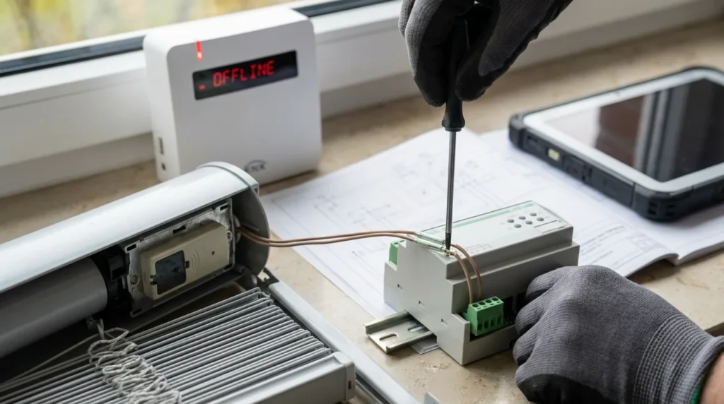 Ein Techniker arbeitet an einer motorisierten Außenjalousie. Er tauscht einen kabellosen Kontaktsensor gegen einen kabelgebundenen Reed-Schalter aus und verbindet ein KNX-Buskabel. Man sieht die konzentrierte Arbeit und die technischen Details.