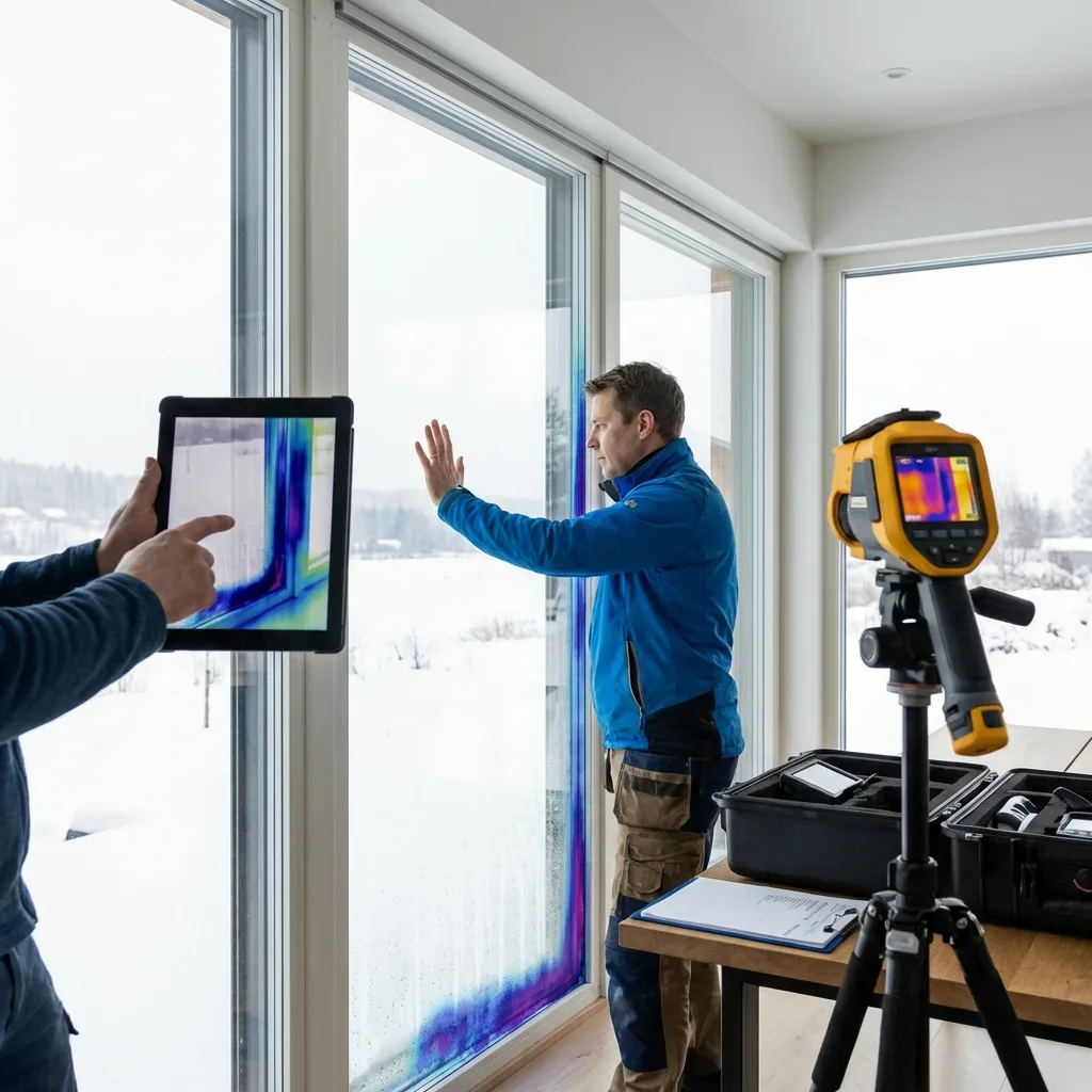 Person bei der Thermografie-Untersuchung eines Fensters im Winter
