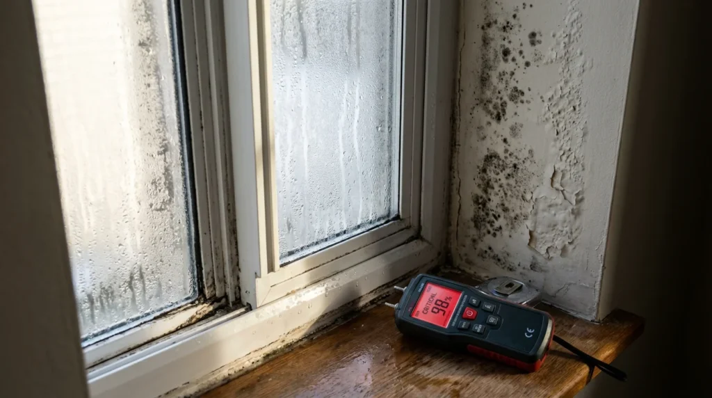 Ein Foto zeigt ein misslungenes Fenster, bei dem Wasser zwischen dem schlecht abgedichteten Rahmen und der Wand eindringt. Die Farbe blättert ab und es sind dunkle Schimmelflecken zu sehen.