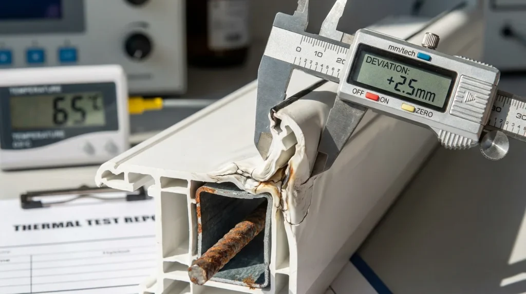 Nahaufnahme eines weißen PVC-Fensterprofils mit sichtbaren Verformungen durch Wärme. Der Stahlverstärkungskern ist teilweise im Querschnitt zu sehen. Eine Präzisionsmessschieblehre zeigt die Maße an.