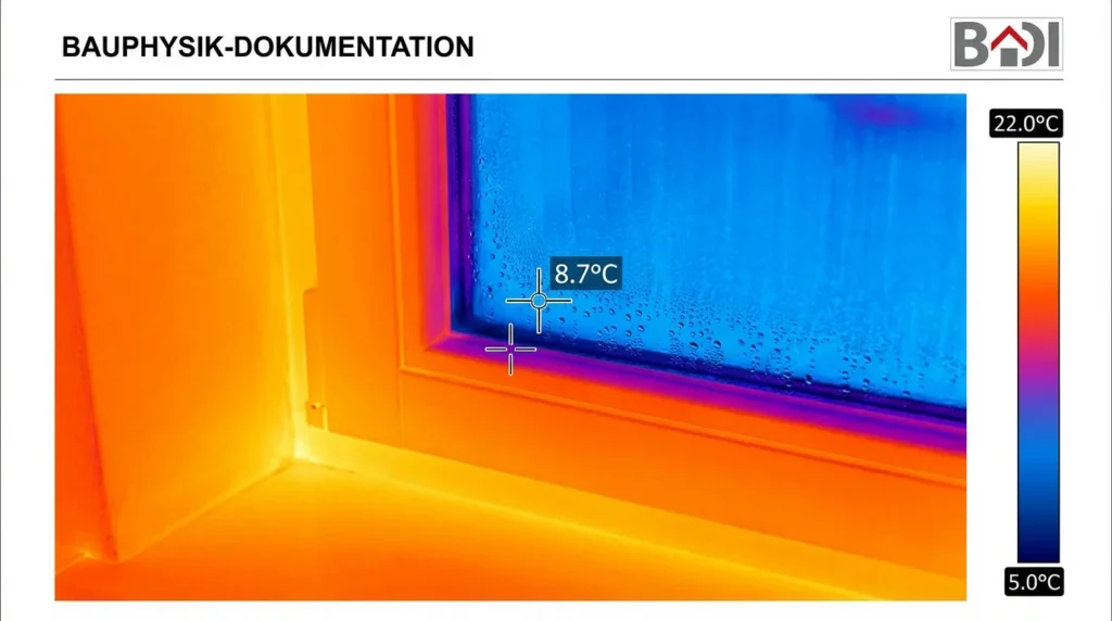 Ein professionelles Wärmebild zeigt die Ecke eines Fensterrahmens. Man sieht Kondensationstropfen auf der kalten Glasfläche. Eine digitale Temperaturanzeige zeigt "8,7°C".