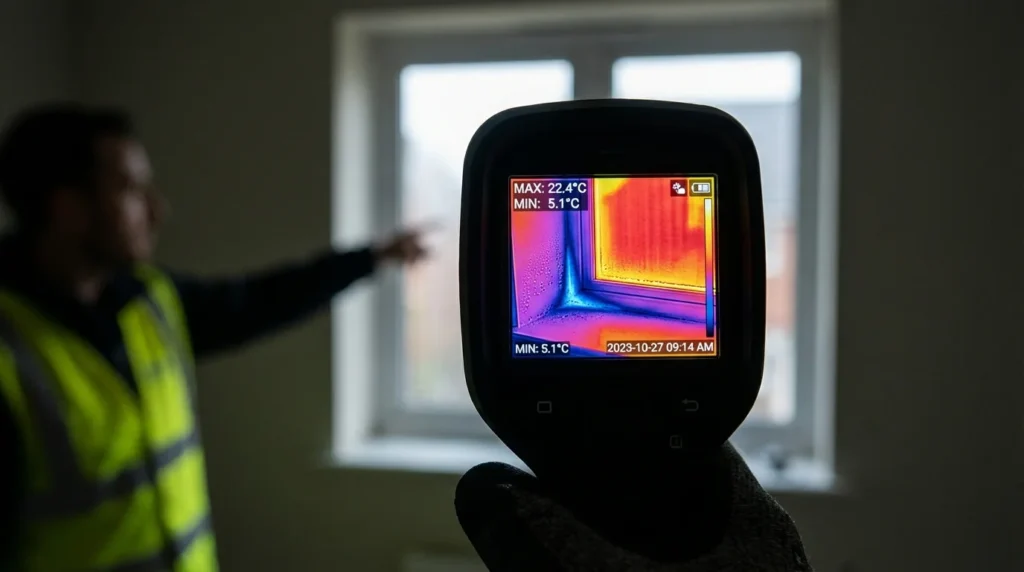 Professionelles Wärmebild zeigt ein Fenster mit einer Kältebrücke am Rahmen. Die Infrarotkamera zeigt den Temperaturunterschied: Innen ist es warm (rot/gelb), während der Rahmen blau/grün ist, was auf Wärmeverlust hinweist.