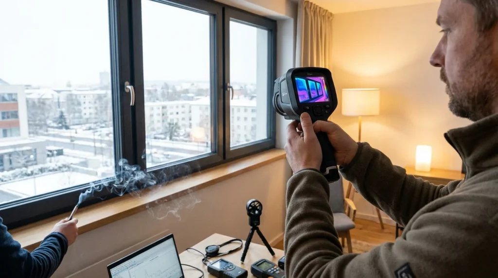 Ein Experte für Gebäudediagnostik steht in einem modernen Wohnzimmer und benutzt eine Wärmebildkamera, um ein dreifach verglastes Fenster zu überprüfen. Auf dem Display sind Temperaturunterschiede zu sehen, die kalte Zonen anzeigen.