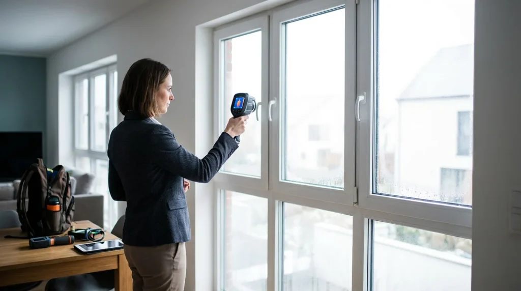 Ein Experte für Gebäudediagnostik steht in einem modernen Wohnzimmer und untersucht mit einer Wärmebildkamera ein dreifach verglastes Fenster. Auf dem Display der Kamera sind Temperaturunterschiede sichtbar.