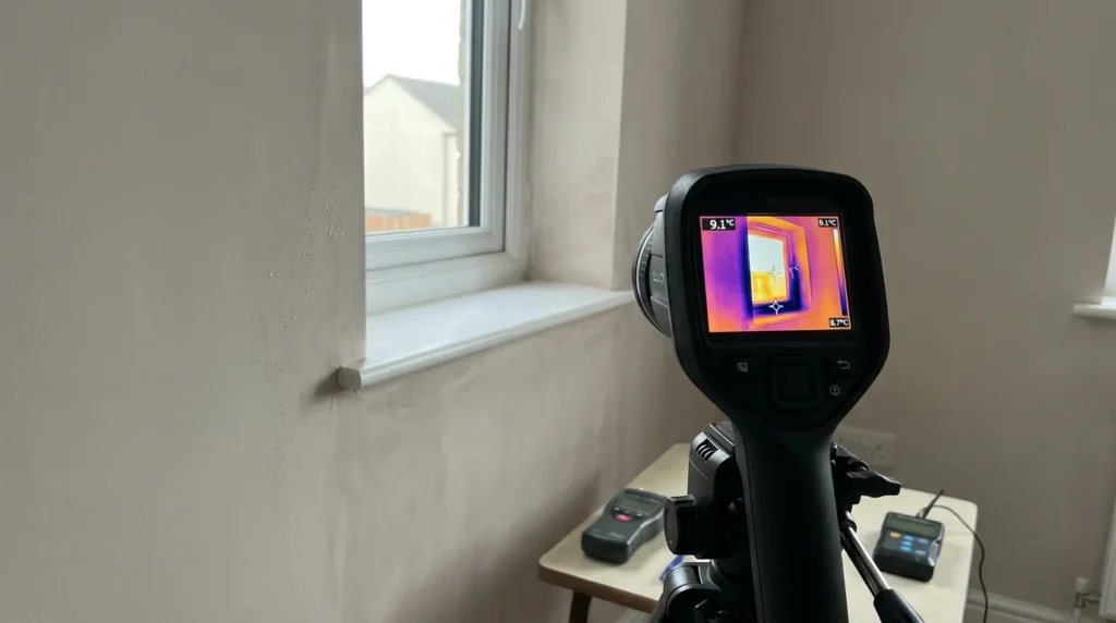 Ein professionelles Foto zeigt das Display einer Wärmebildkamera. Es hebt Kältebrücken um einen neu installierten Fensterrahmen in einem Wohngebäude hervor. Die Temperaturunterschiede sind deutlich zu erkennen.