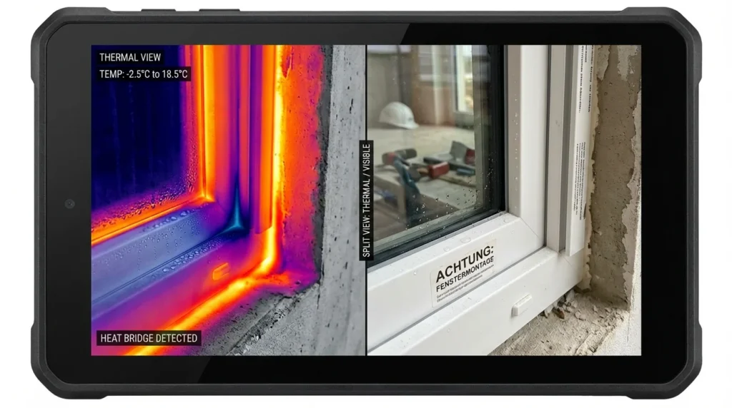Ein Fensterrahmen wird eingebaut, aufgenommen durch eine Wärmebildkamera. Man sieht deutliche Wärmebrücken an den Übergängen zwischen Fenster und Wand, dargestellt in Rot, Gelb und Blau im Infrarotspektrum.