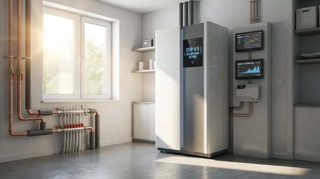 Eine moderne Wärmepumpe in einem sauberen Hauswirtschaftsraum eines energieeffizienten Hauses. Auf dem digitalen Display werden Effizienzdaten angezeigt. Sonnenlicht fällt durch ein Fenster und symbolisiert die Nutzung von Solarwärme.