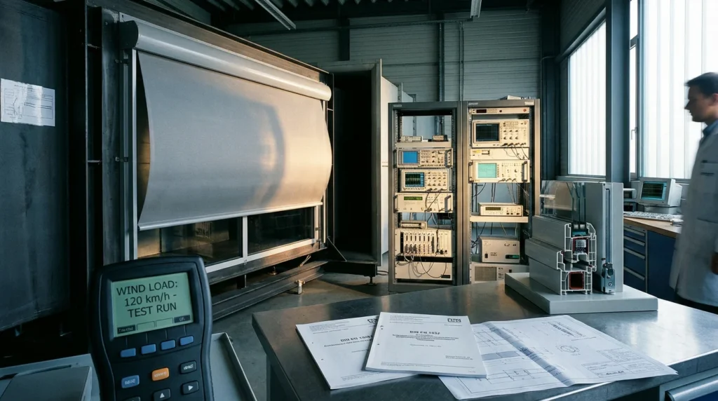 Ein professionelles Ingenieurlabor, in dem ein motorisiertes Außenrollo auf Windbelastung getestet wird. Ein Anemometer zeigt Messwerte an, umgeben von technischem Messgerät und einem konzentrierten Ingenieur, der die Daten überprüft.