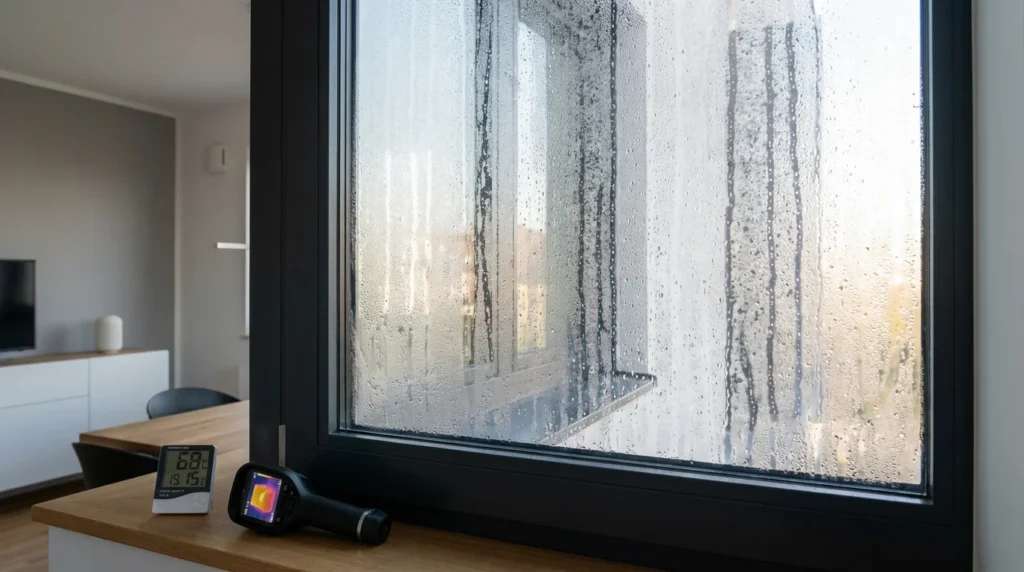Ein gemütliches Wohnzimmer mit einem großen Fenster, auf dem sich Kondenswassertropfen gebildet haben. Im Vordergrund steht ein digitales Hygrometer, das die Luftfeuchtigkeit anzeigt. Draußen ist es offensichtlich kalt und feucht.